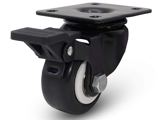 Industrial PU Caster Wheel with Brake (Model 028) – Plate Mount, Matt Black, Heavy Duty Polyurethane, Silent Rolling, Locking Brake, 1.5"/2" Sizes for Trolleys, Racks, Equipment & Furniture